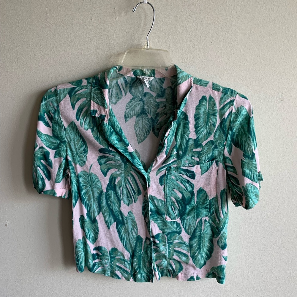 S Forever 21 Pink Cropped Hawaiian Shirt